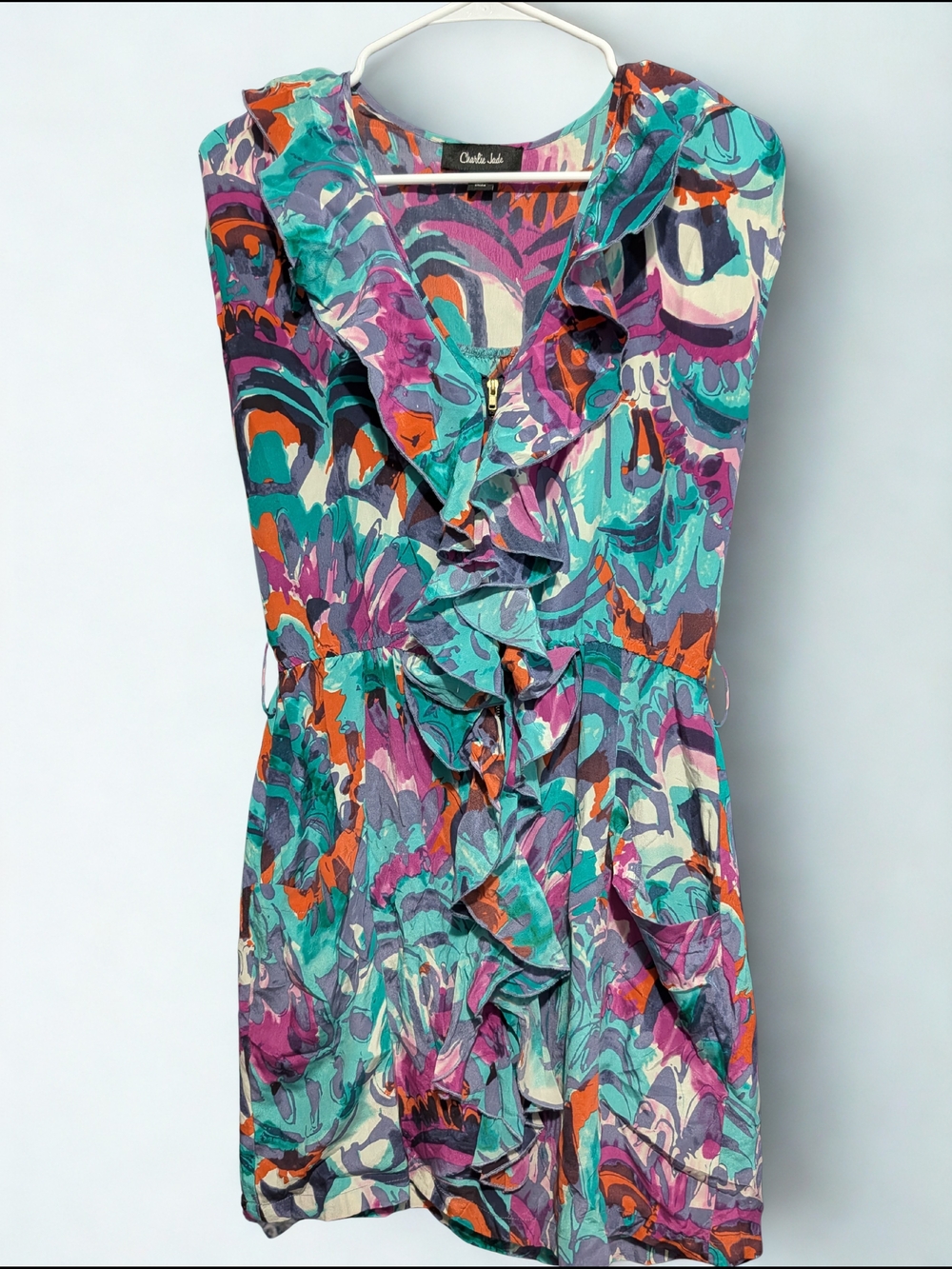 Charlie Jade Multicolor Ruffle Front Silk Dress - Teal & Purple